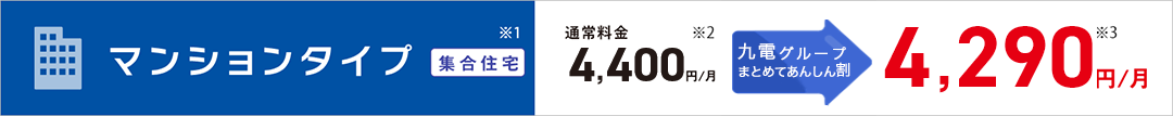 図：マンションタイプ　通常料金4,400円/月 九電グループまとめてあんしん割で4,290円/月