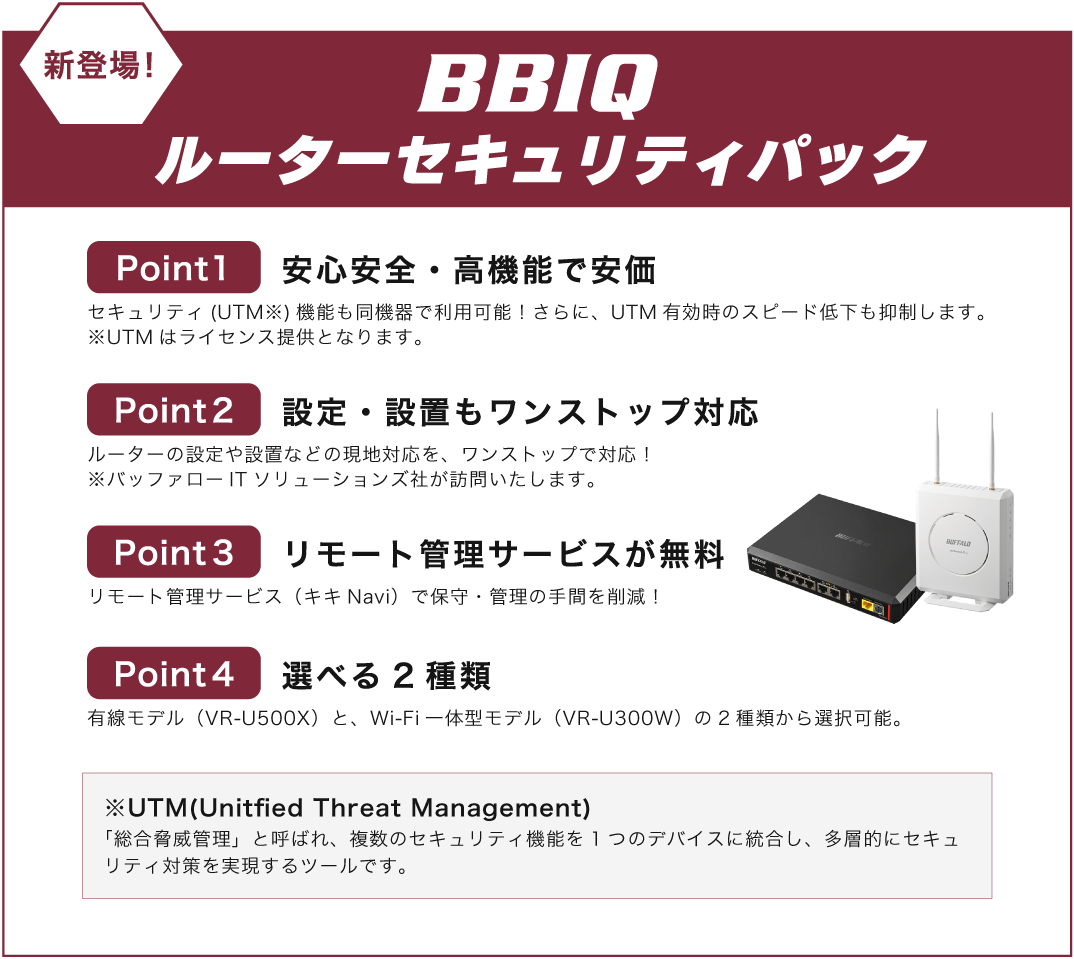 新登場BBIQルーターセキュリティパックはpoint1安心安全・高機能で安価。
						セキュリティ（UTM）機能も同機器で利用可能！さらに、UTM有効時のスピード低下も抑制します。※UTMはライセンス提供となります。
						point2設定・設置もワンストップ対応。ルーターの設定や設置などの現地対応を、ワンストップで対応！※バッファローITソリューションズ社が訪問いたします。
						point3リモート管理サービスが無料。リモート管理サービス（キキNavi）で保守・管理の手間を削減！point4選べる2種類。
						有線モデル（VR-U500X）と、Wi-Fi一体型モデル（VR-U300W）の2種類から選択可能。※UTM（Unitfied Threat Management）「総合脅威管理」と呼ばれ、
						複数のセキュリティ機能を１つのデバイスに統合し、多層的にセキュリティ対策を実現するツールです。
						