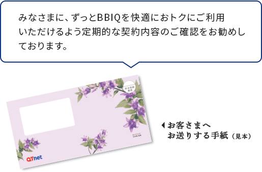 みなさまに、ずっとBBIQを快適におトクにご利用いただけるよう定期的な契約内容のご確認をお勧めしております。