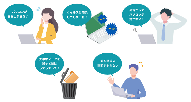 パソコンが立ち上がらない。ウイルスに感染してしまった。異音がしてパソコンが動かない。大事なデータを誤って削除してしまった。架空請求の画面が消えない。